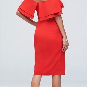 Off-Shoulder Red Midi Dress with Layered Ruffle